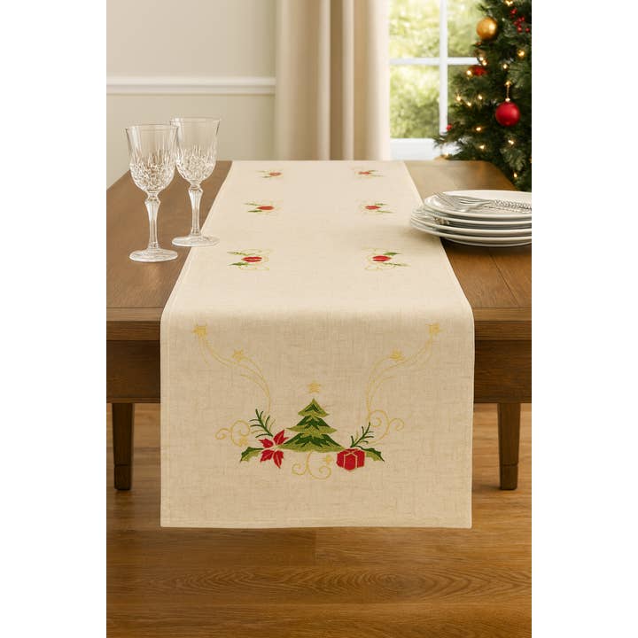 Fennco Styles - Vendita all'ingrosso Runner - Caminetto Natalizio in Misto Lino Ricamato Naturale1