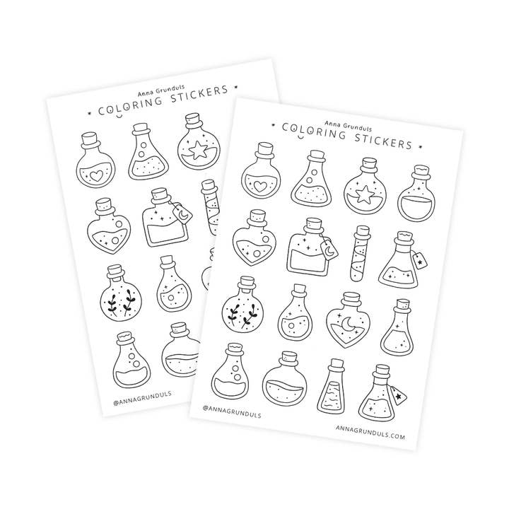 Magical Potion Bottles Coloring Stickers - A6 Sticker Sheet for wholesale by Anna Grunduls Design