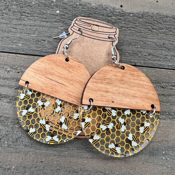 Bee Honeycomb Half Acrylic Half Wood Earrings for wholesale by Jill's Jewels