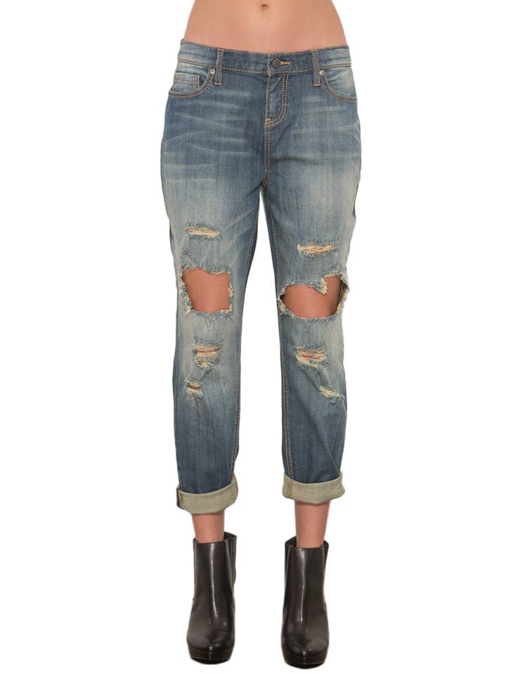 Women's Stretch Denim Distressed Boyfriend Cut Premium Jeans for wholesale by Standards & Practices