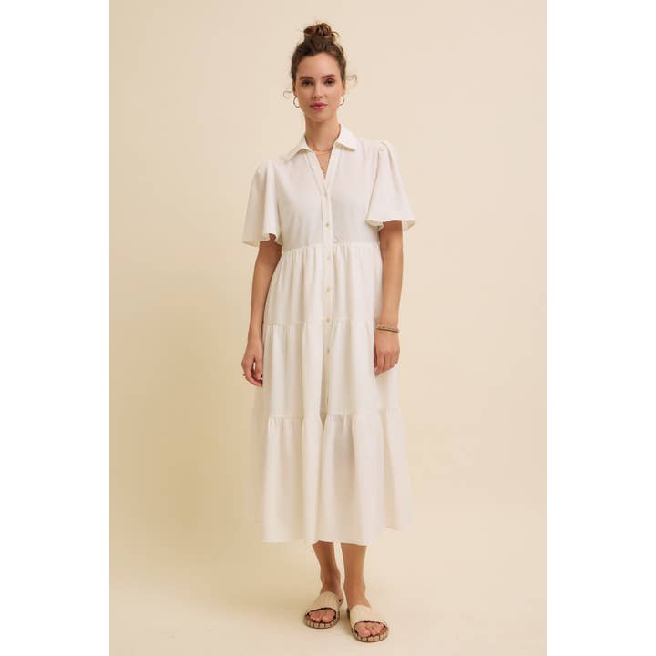 in february - Wholesale Dress - Women's - FLUTTER SLEEVED BUTTON-DOWN SHIRT MIDI DRESS
