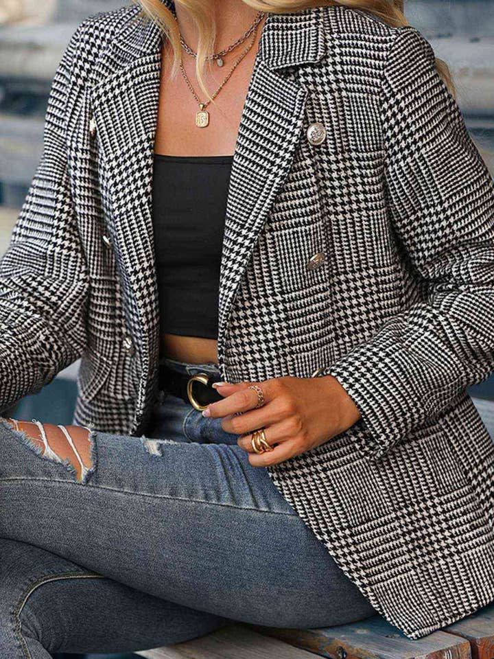 Houndstooth Buttoned Long Sleeve Blazer for wholesale on Faire
