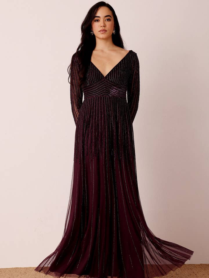 Laura Embellished Maxi Dress in Berry for wholesale by Lace & Beads