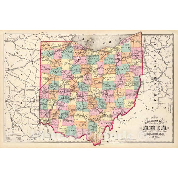 Historisk karta - 1872 Ny järnvägskarta över delstaten Ohio. för wholesale av Historic Pictoric