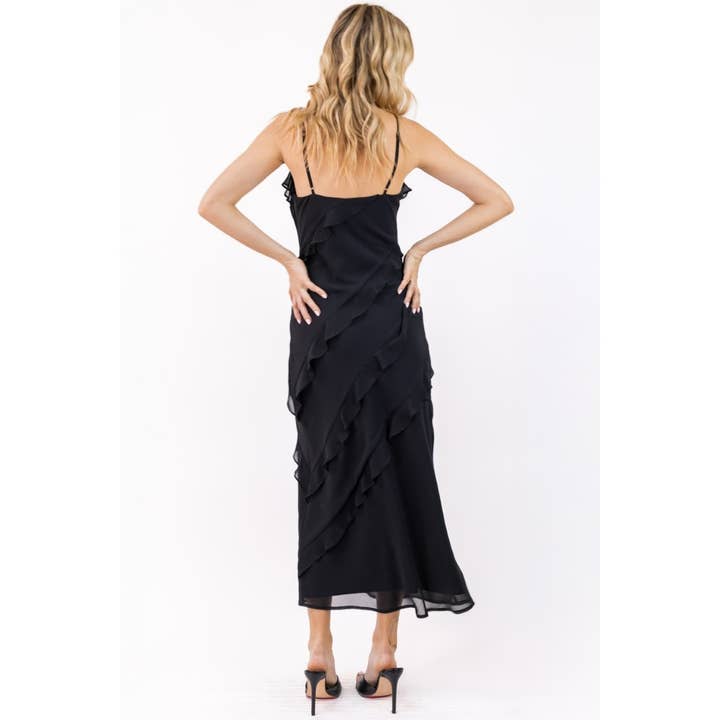 Black SOLID AZURE RUFFLE CHIFFON DRESS_7D2486-A for wholesale on Faire