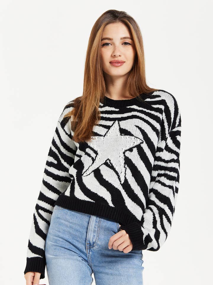 Liquorish Star Jumper I Sort Og Hvid Zebra-mønster for engroshandel hos Liquorish