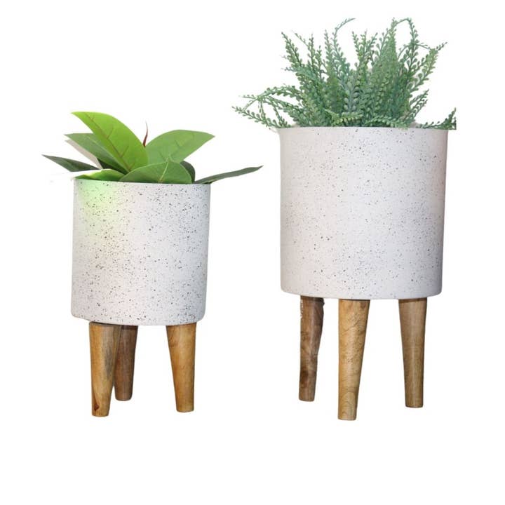 Set 0f 2 Planters in White texture and wooden base for wholesale by Kozify Decor Inc