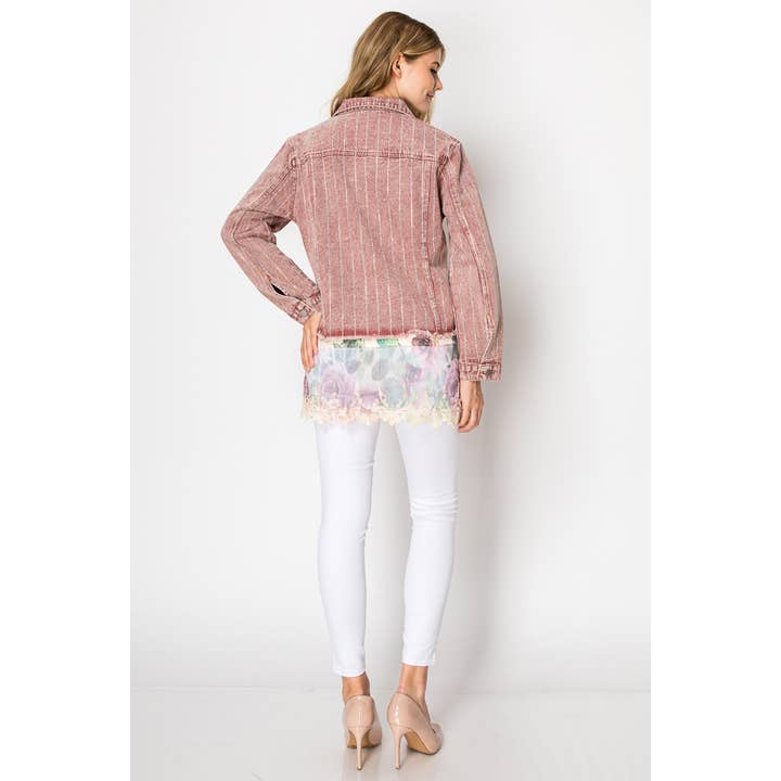 Stunning Denim Jacket With Stripe Sparkle Designs - 4768 RASPBERRY for wholesale by Origami Apparel ~ Lace and Crochet inspired