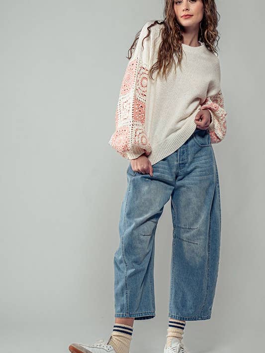 IVORY Quilt Blocked Sleeve Crewneck Sweater for wholesale on Faire