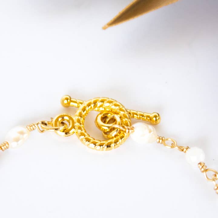 Bali Queen - Wholesale Charm/Dangle Bracelet - 18K Toggle Golden Hamsa Selenite & Pearl Bracelet2