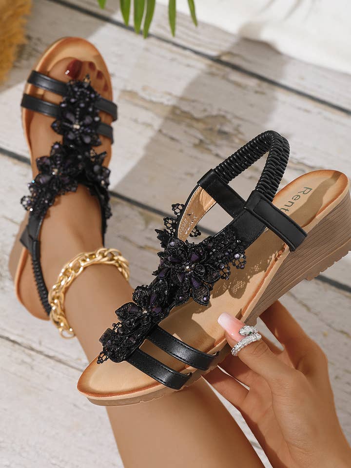 Rentoes – wholesale Sandals – Women's – Ladies‘ Wedged Sandal with Handmade Lace Flowers JS698-324