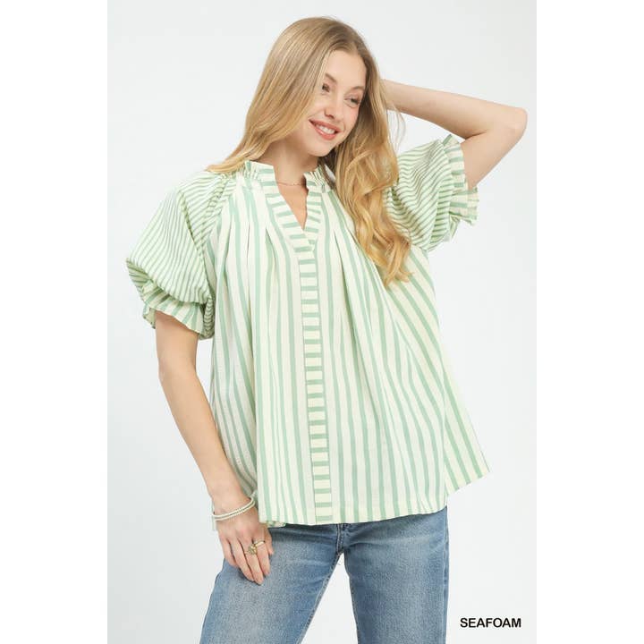 Striped Split V Neck Short Flutter Sleeve Top for wholesale by BNS