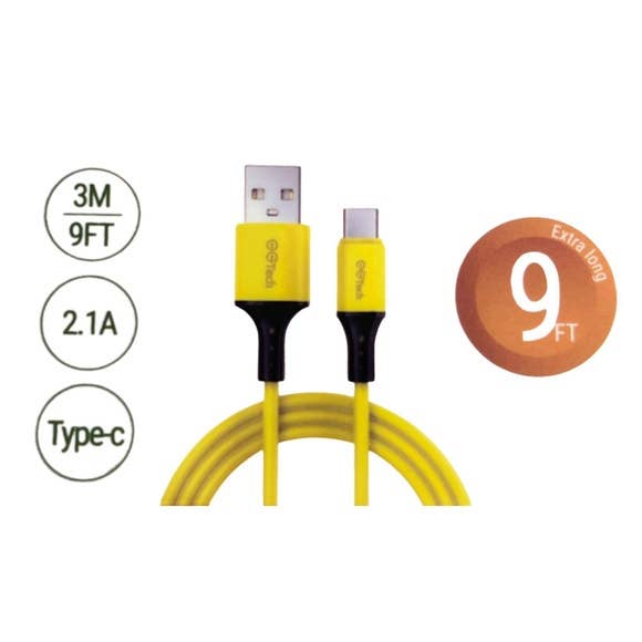 Kole Imports & Closeouts - Wholesale Portable Charger - EG Tech 2.1A 9 Foot Silicone USB Type C Cable in Yellow2