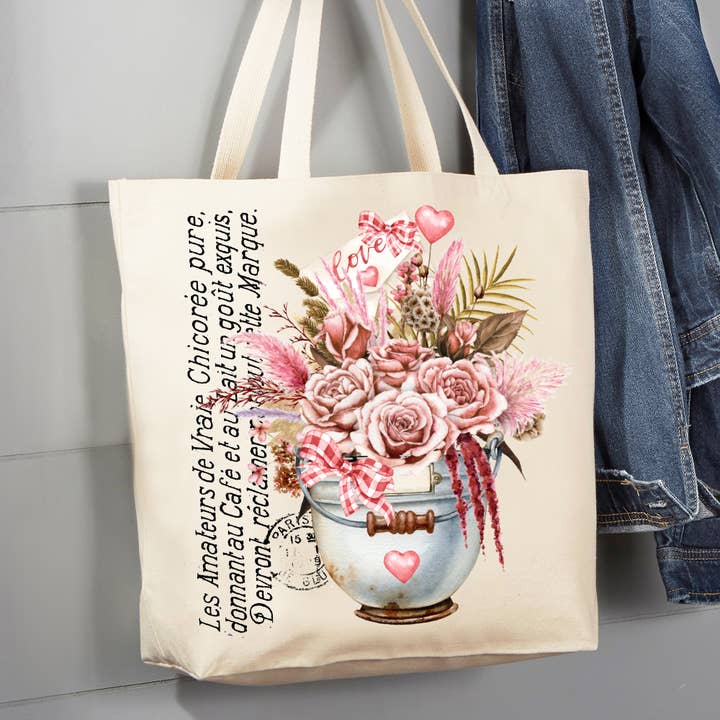 Valentine French Love Boho Flower 12 oz Cotton Tote Bag for wholesale by Avery Lane Gifts