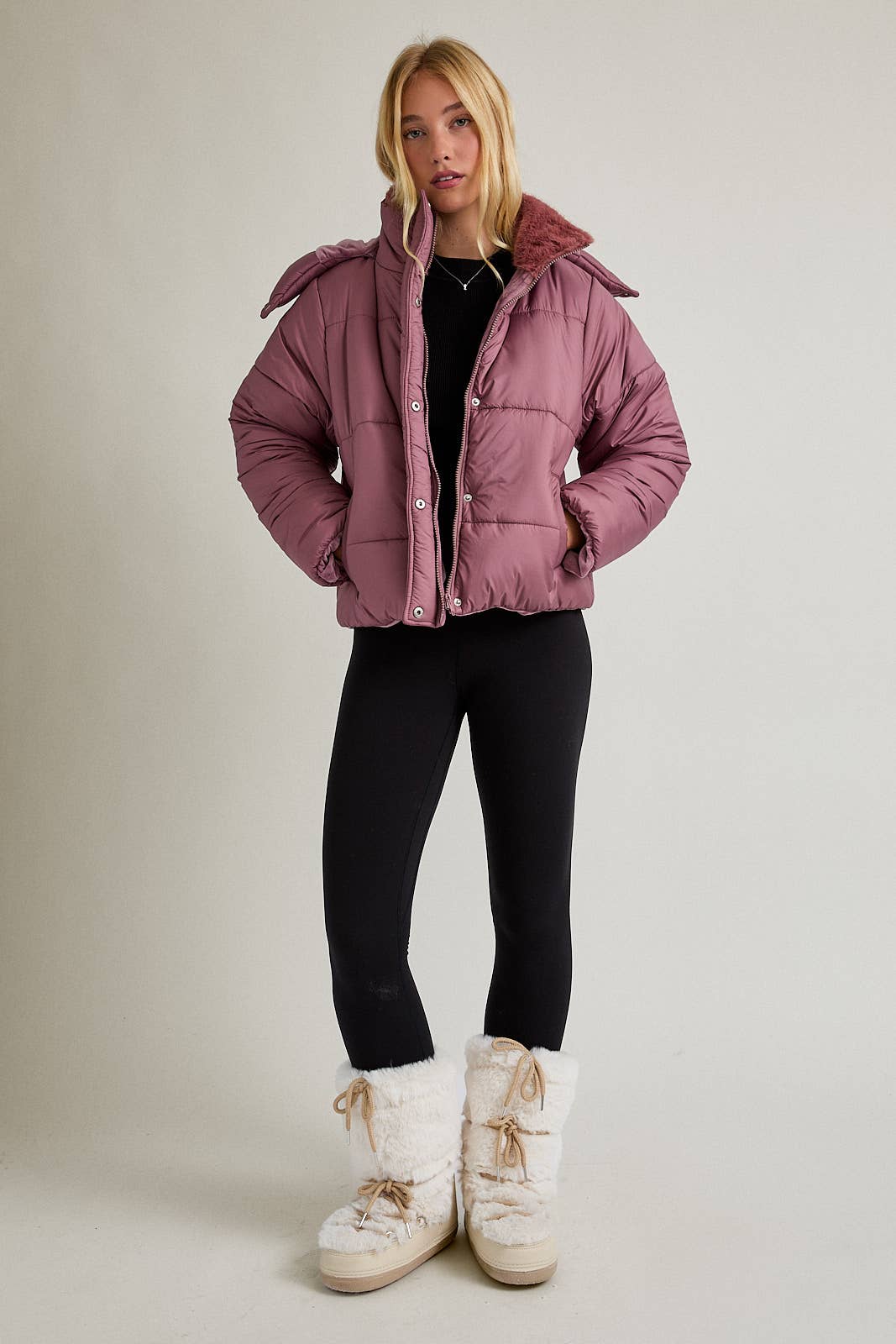 MAUVE PUFFER JACKET WITH ATTACHABLE HOODIE for wholesale on Faire7