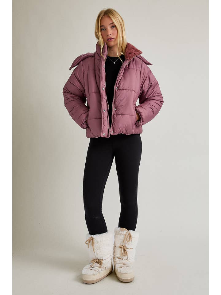 MAUVE PUFFER JACKET WITH ATTACHABLE HOODIE for wholesale on Faire7