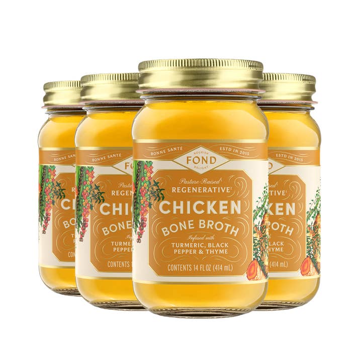 Turmeric & Pepper Pasture-Raised Chicken Bone Broth 14oz for wholesale by Fond Regenerative