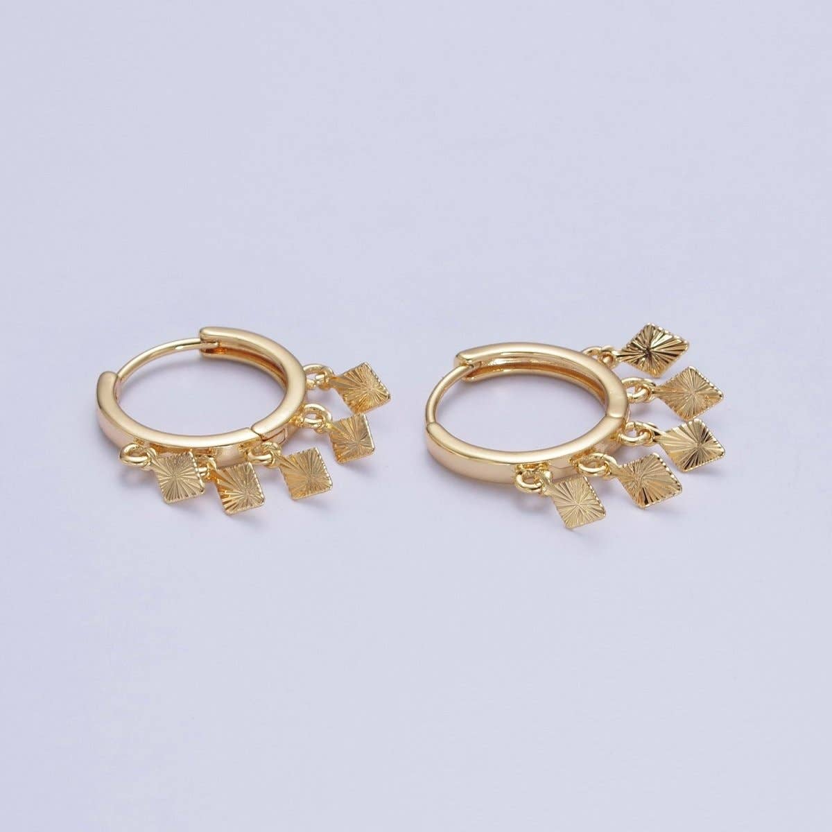 Aim Eternal - Wholesale Huggie Earrings - OS 24K Gold Filled Rhombus Textured Starburst Charm Dangle Drop Huggie Hoop Earrings T-1770