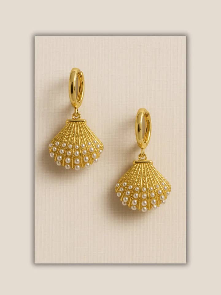 Gold Shell Earrings with Pearls – Marine Elegance for wholesale by PHOEBE´S