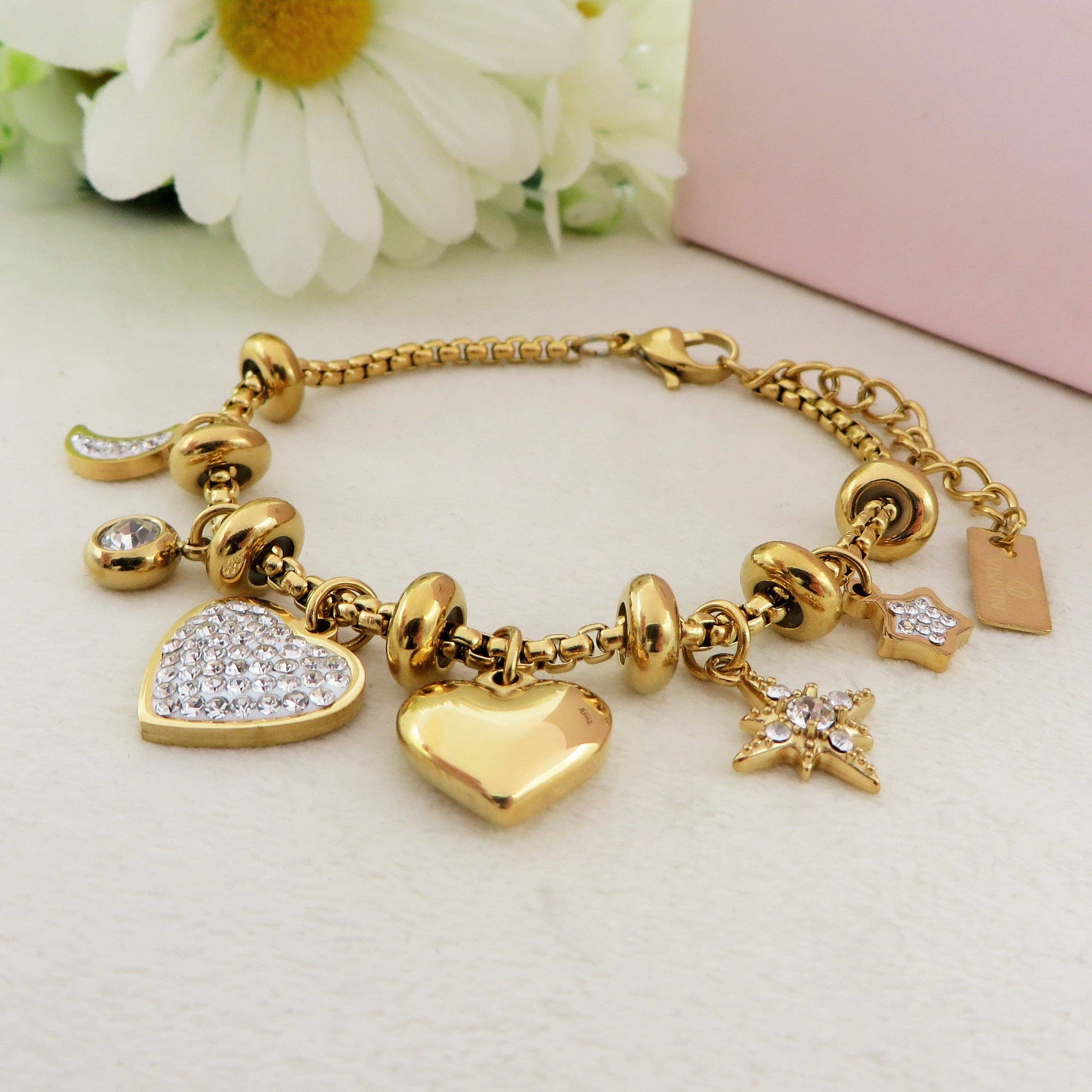 Daemon srls - Vendita all'ingrosso Braccialetto con ciondolo/pendente - MOON & STAR - Bracciale in acciaio inox con pendenti luna, stelle e cuori bombati e Cubic Zirconia2