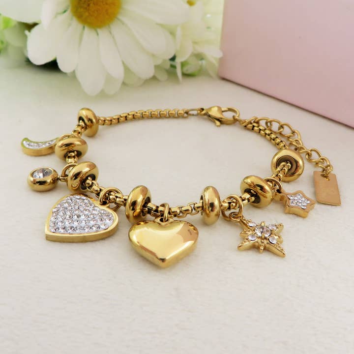 Daemon srls - Vendita all'ingrosso Braccialetto con ciondolo/pendente - MOON & STAR - Bracciale in acciaio inox con pendenti luna, stelle e cuori bombati e Cubic Zirconia2