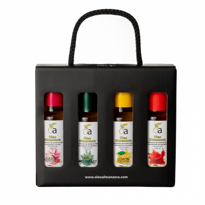 OLEO ALMANZORA - Wholesale Olive Oil - CASE 4x100ml EVOO Cond. (Lemon, Chili, Garlic, Rosemary)