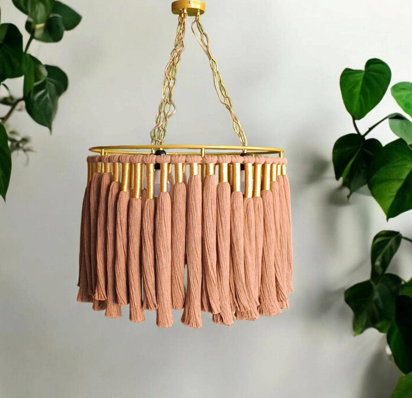 Joy's Arts - Wholesale Chandelier/Hanging Light - Boho Cotton Fringe Chandelier - Macrame Pendant Light, Nursery & Living Room Ceiling Lamp, Gold Accents0