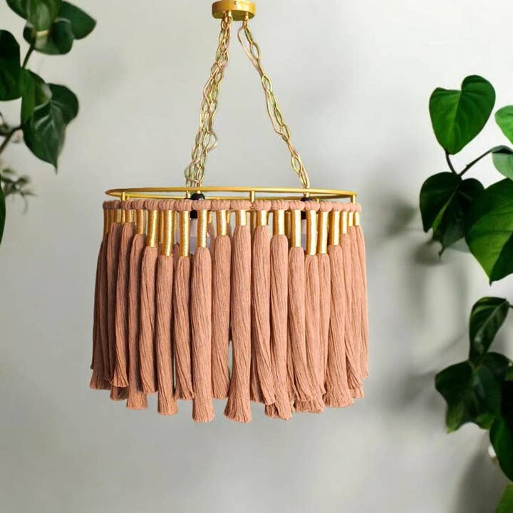 Joy's Arts - Wholesale Chandelier/Hanging Light - Boho Cotton Fringe Chandelier - Macrame Pendant Light, Nursery & Living Room Ceiling Lamp, Gold Accents