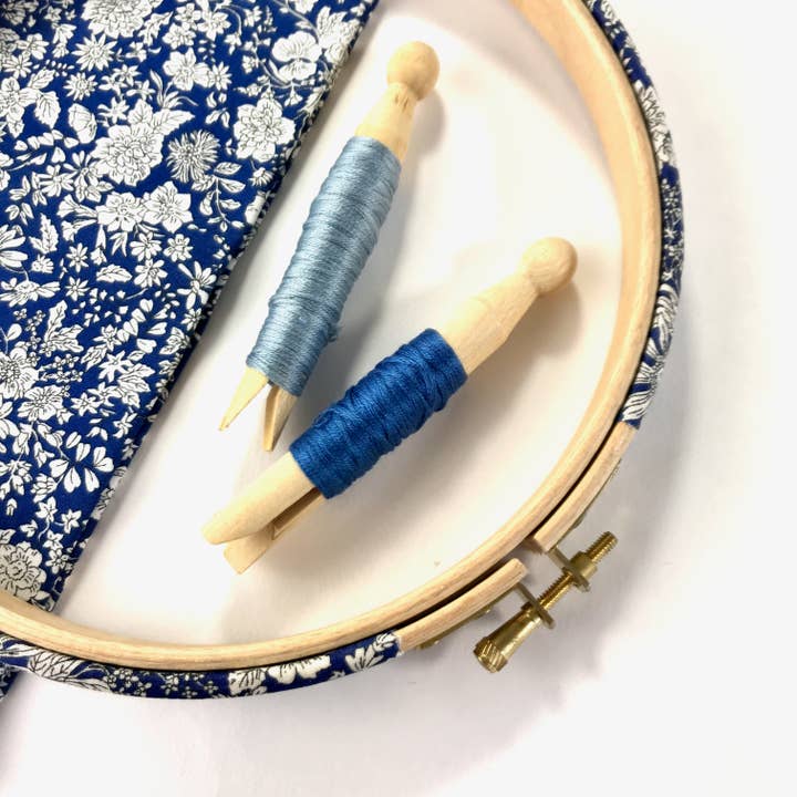 Saphire Blue, Fabric Covered Embroidery Hoops. Liberty Emily Belle Print, Lasenby Quilting Fabric. for wholesale by Stitchkits Crafts
