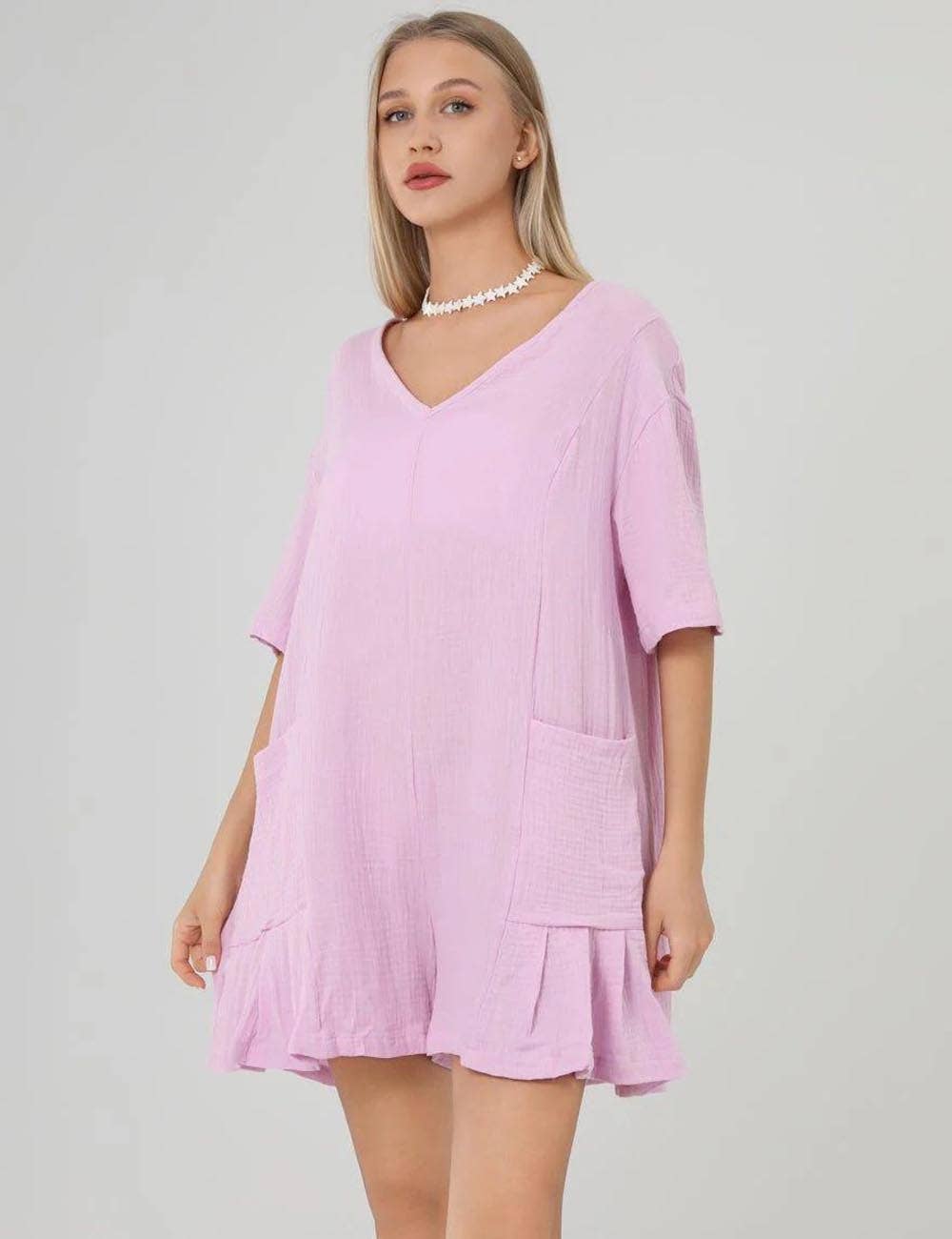 Sweetkama - Wholesale Romper - Women's - Flouncy Shapeless V-Neck Draped Sleeves Romper SKJ1815