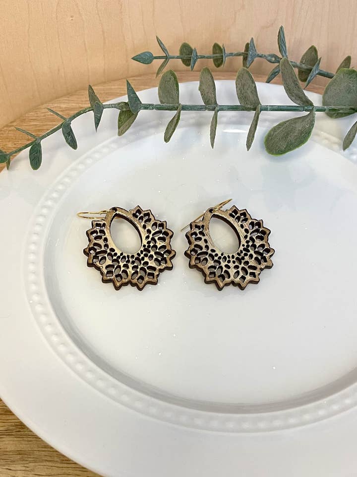 Elegant Lace Hoop Wood Dangle Earrings for wholesale by Rosey Oak Designs
