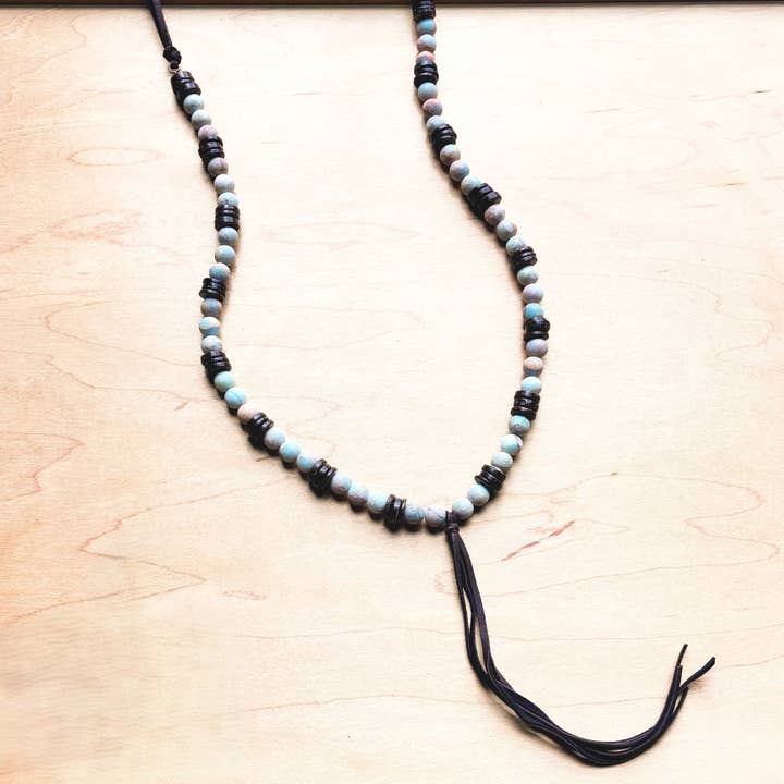 **Frosted Aqua Terra Necklace w/ Wood Beads & Leather Tassel 258a for wholesale by The Jewelry Junkie