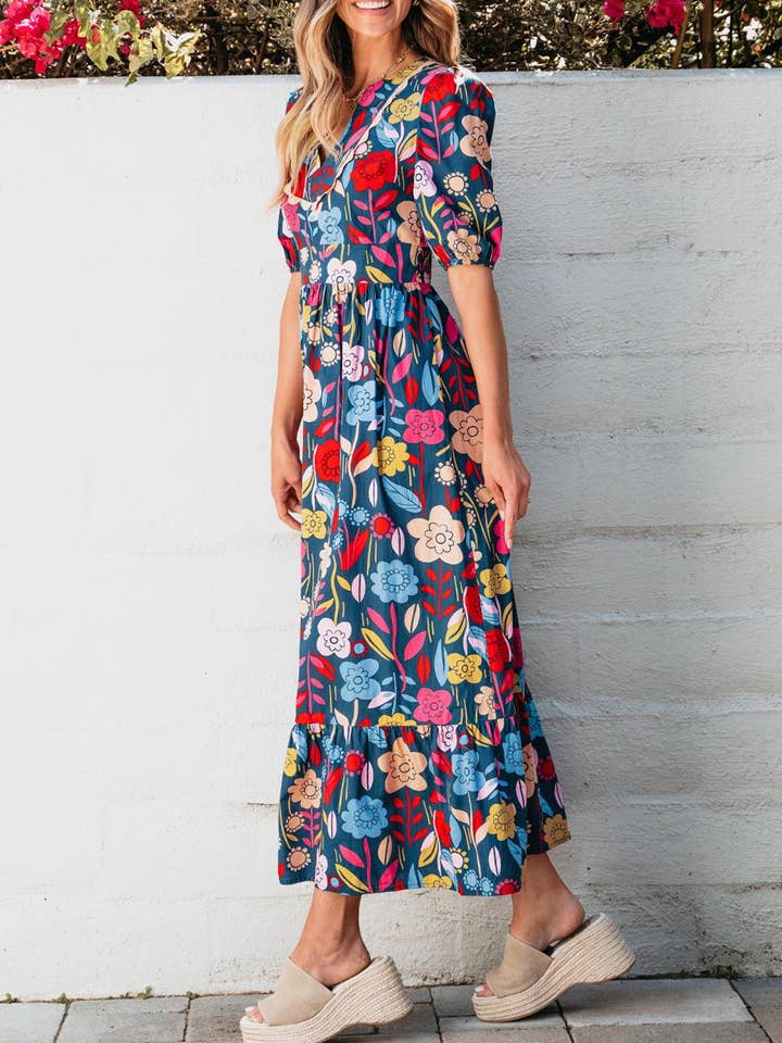 FULL TIME PURCHASE - Wholesale Dress - Women's - Retro Floral Printed Split Neck Maxi Dress