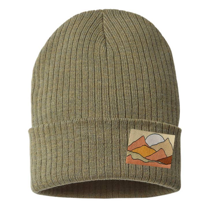 Mountain Patch Rib Knit Beanie Hat- Mountain Woven Patch Hat for wholesale by Spruce Seed