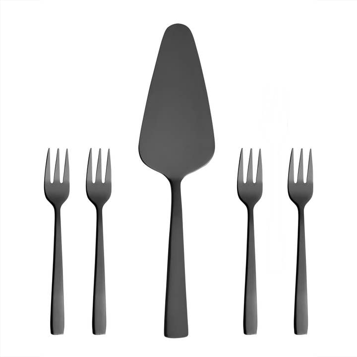Raw Cutlery, rivestimento nero, set di 5 pasticcini e 4 forchette per la vendita all'ingrosso da parte di Aida A/S