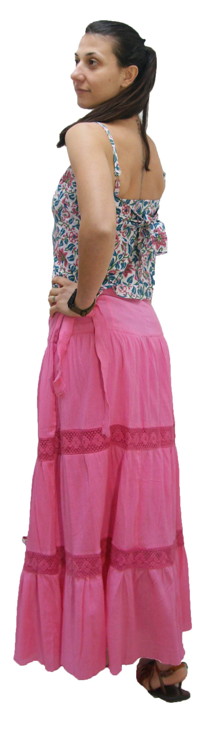 KASHI INC – Saia - Mulher por atacado – Saia comprida em crepe de algodão com renda e forro3