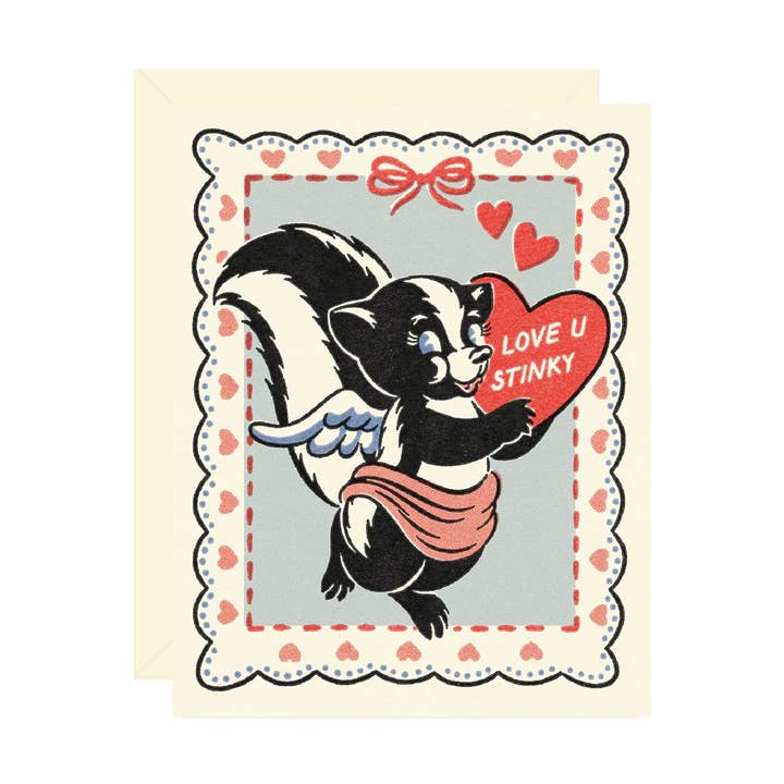 Love U Stinky Skunk Valentine Greeting Card for wholesale by Wallflower Paper & Party