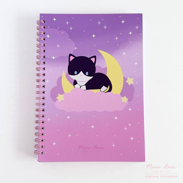 Dreamy Tuxedo Moon Spiral Notebook for wholesale by Meow Amor Creative