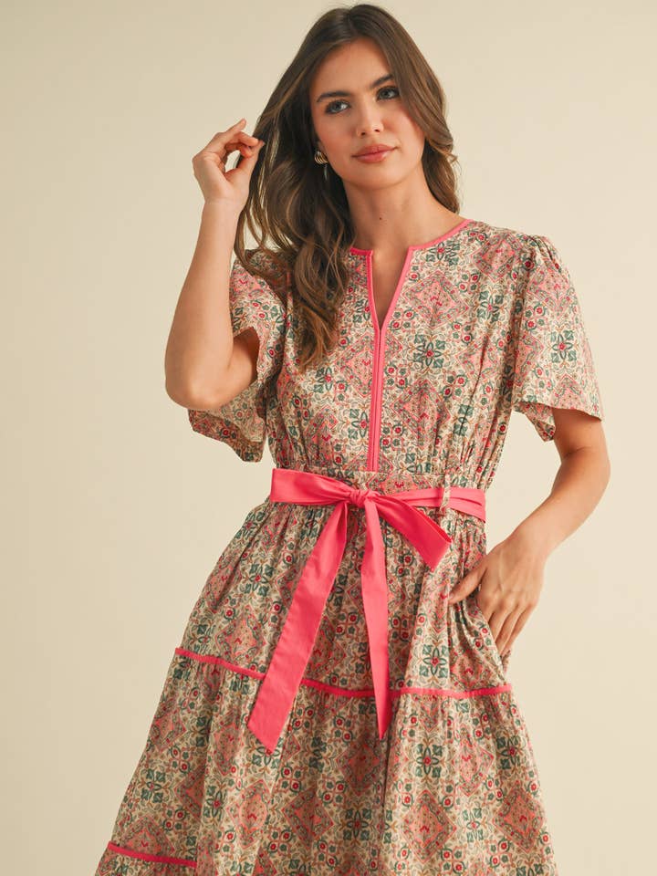 &MERCI - Wholesale Dress - Women's - CONTRAST BINDING PRINTED MIDI DRESS MDR3821