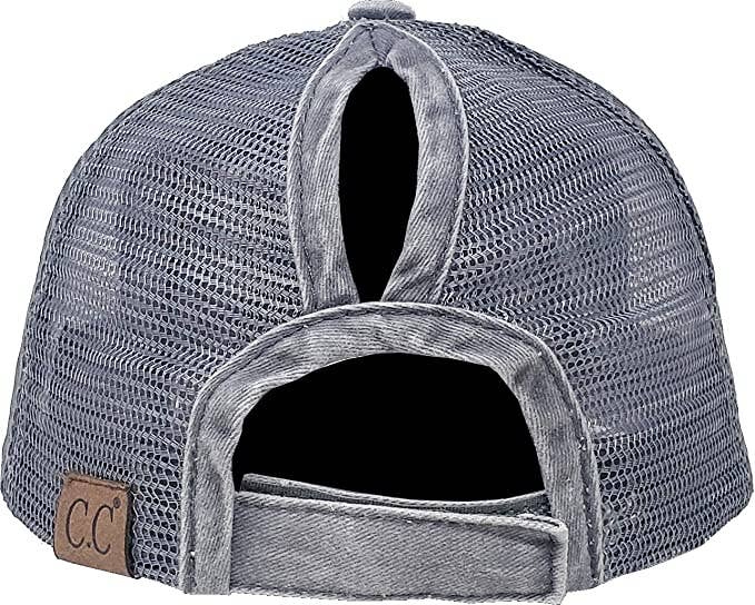 Funky Junque - Wholesale Ponytail Cap - Women's - Classic Back Distressed Ponycap (Washed Grey w/Grey Mesh)2