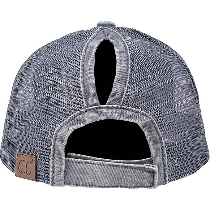 Funky Junque - Wholesale Ponytail Cap - Women's - Classic Back Distressed Ponycap (Washed Grey w/Grey Mesh)2