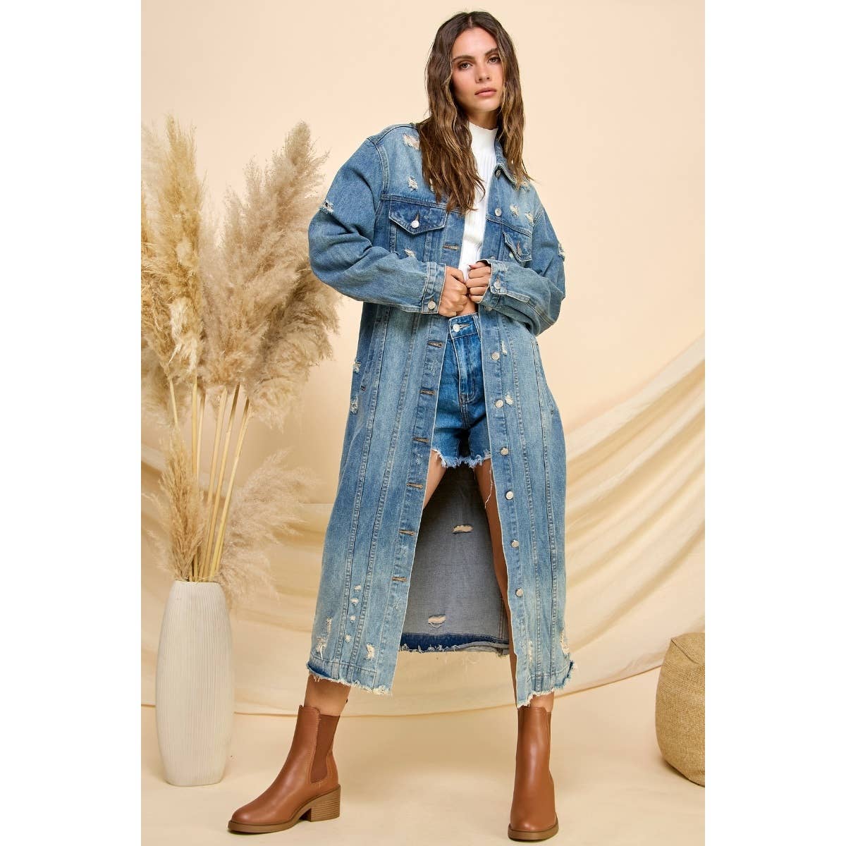 Med Wash Distressed Long Denim Jacket for wholesale on Faire2