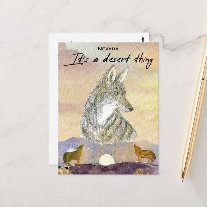 Carte postale du Nevada C'est une affaire de désert Coyote Pleine Lune Montagne pour la vente par Rugosa & Pine