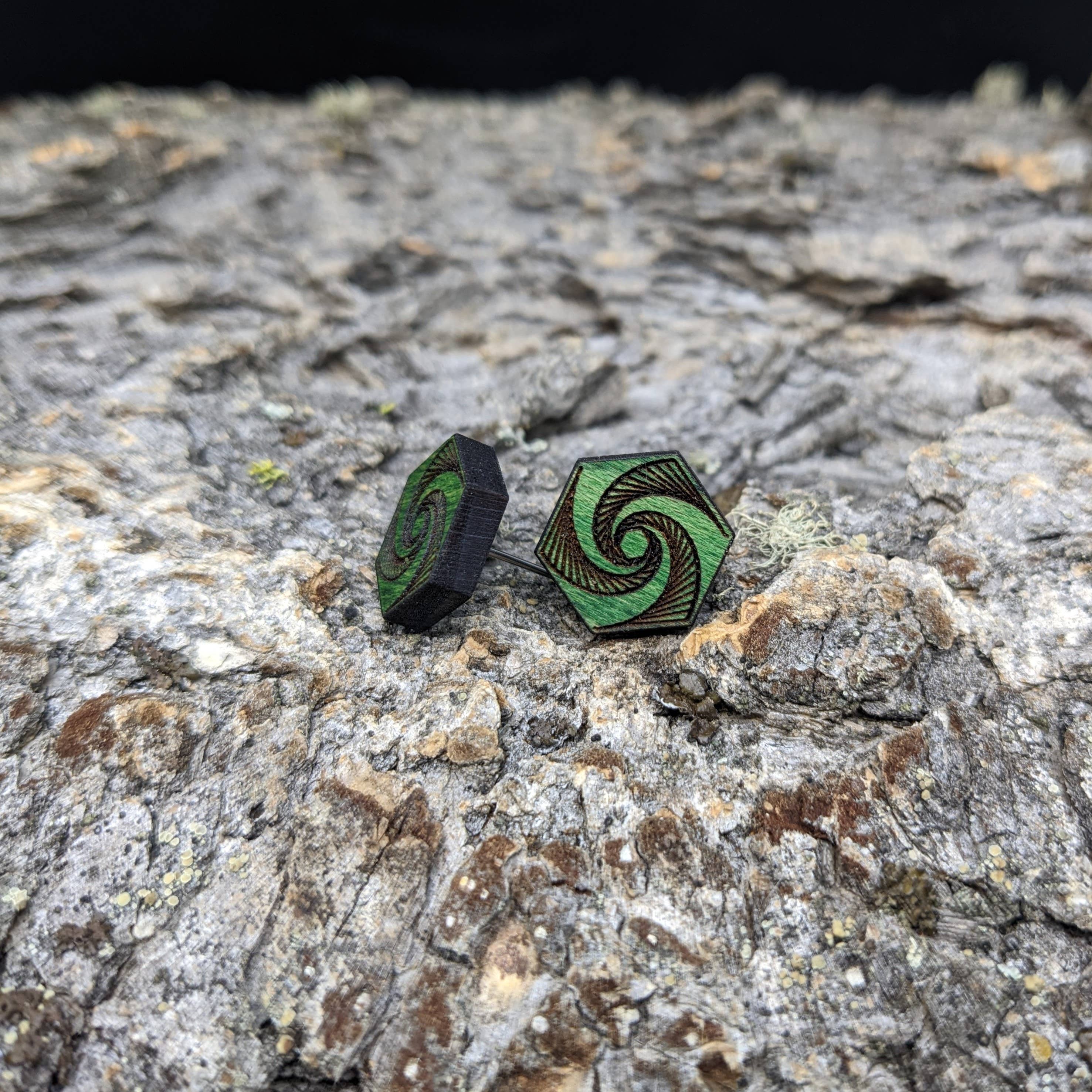 The Forest and Forge - Wholesale Stud/Post Earrings - Etched Hexagon Wood Stud Earrings1