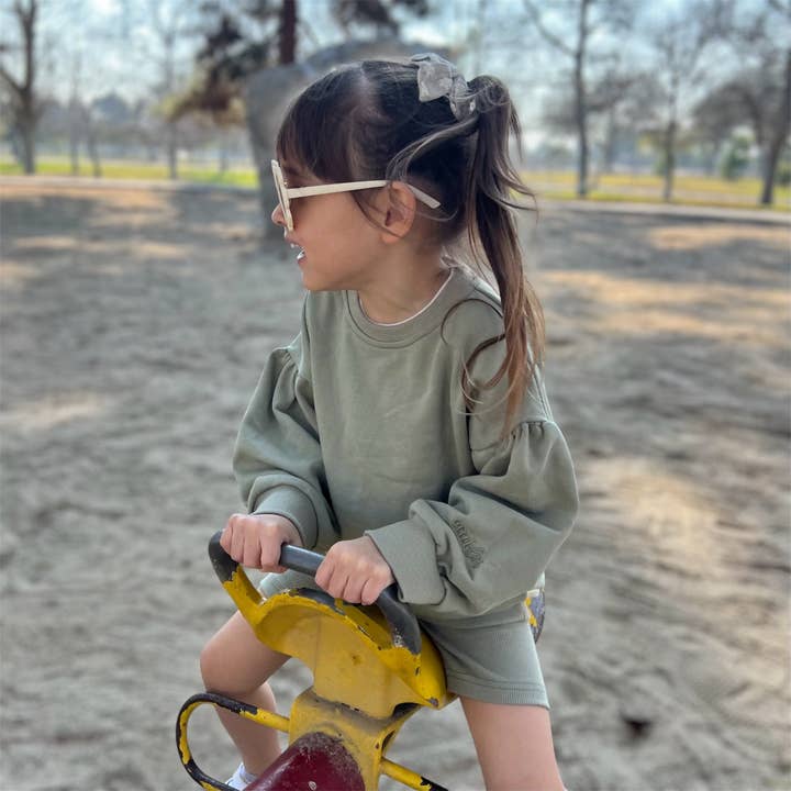 Bubble Sleeve Crewneck & Biker Short Set | Olive for wholesale by Emi Lei