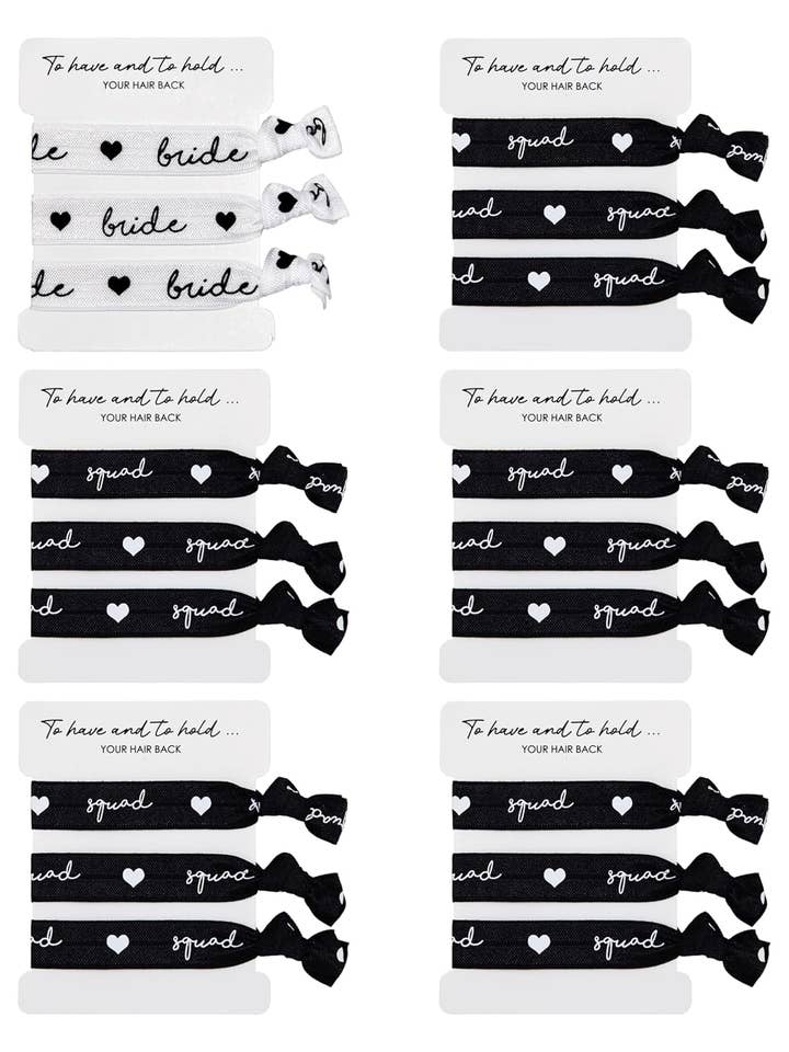 Bachelorette Hair Ties 6 Pack: 1 Bride & 5 Squad for wholesale by Funky Junque