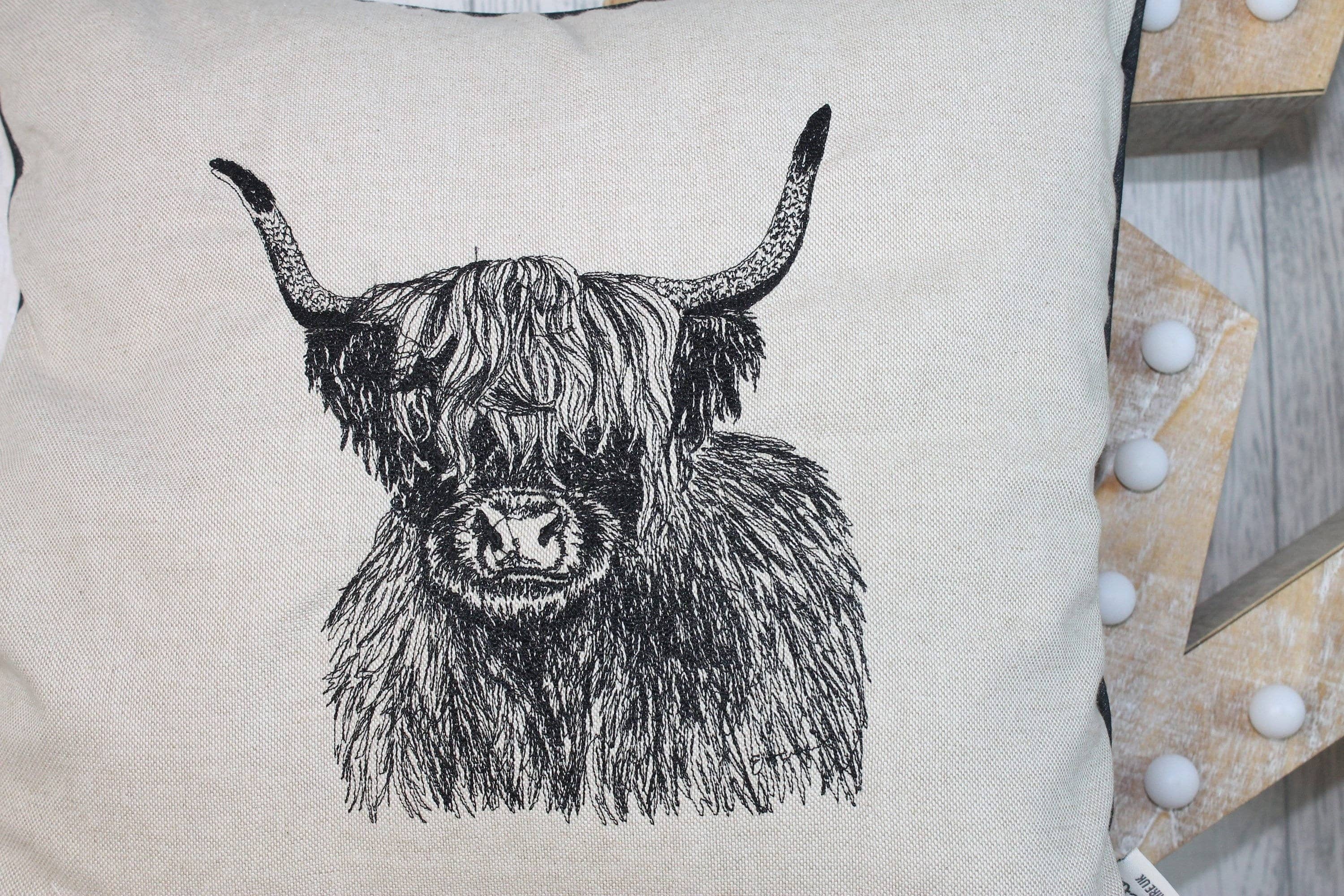 Lizzie Dixon Designs – wholesale Throw pillow cover – Highland Cow  Cushion, Cream Taupe Cushion. Cushion Cover, Piped Cushion British Wildlife collection.1