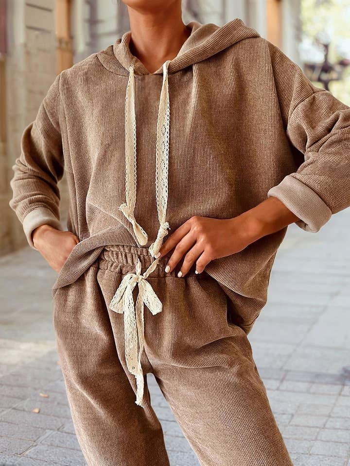 Pullover Hoodie and High Waist Pants Corduroy Suit for wholesale by 1 the Woman