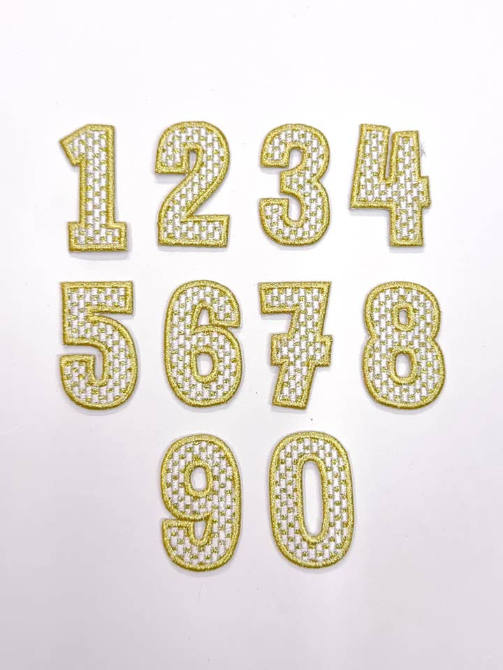2” Gold Checkered Numbers Glitter Embroidery Patch for wholesale by ABLNco