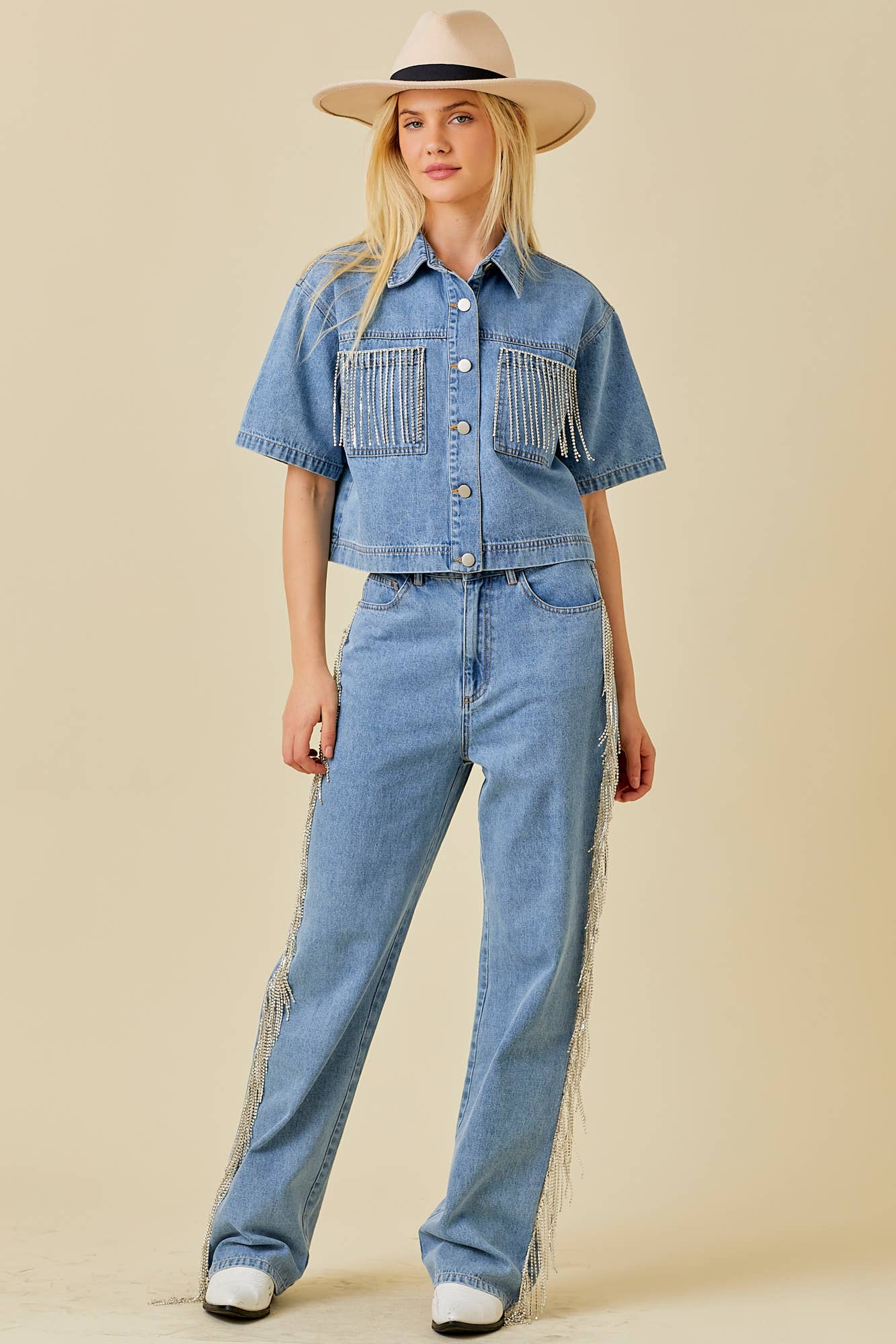 Side And Back Rhinestone Fringe Trim Denim Pants for wholesale on Faire6